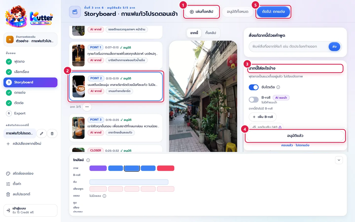 หน้า Storyboard ของคลิปร้านกาแฟ